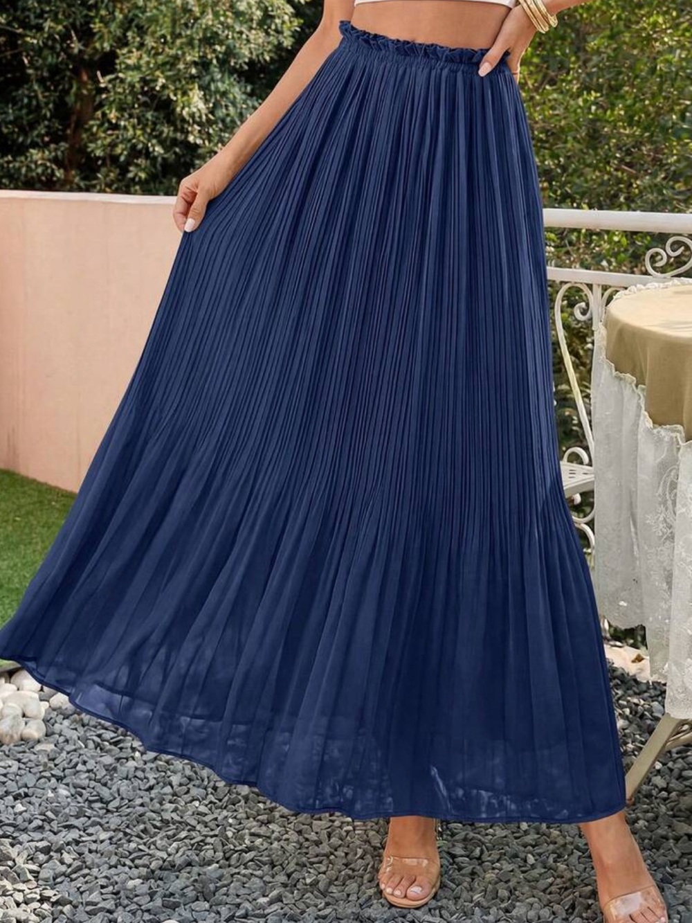 Pleated Navy Blue Maxi Skirt - Elegant Women's Skirt